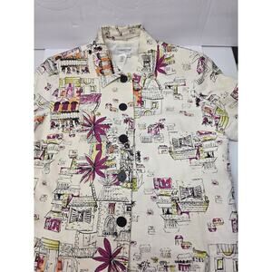 Coldwater Creek button down shirt Linen , Tropical buildings , Size Large